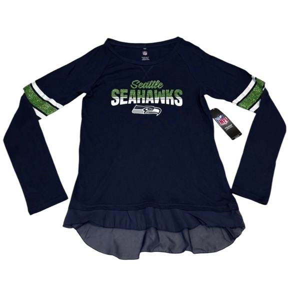 NWT NFL Team Apparel Girl’s Seahawks Glitter Logo Ruffle Hem Long Sleeve Top M - Picture 9 of 9